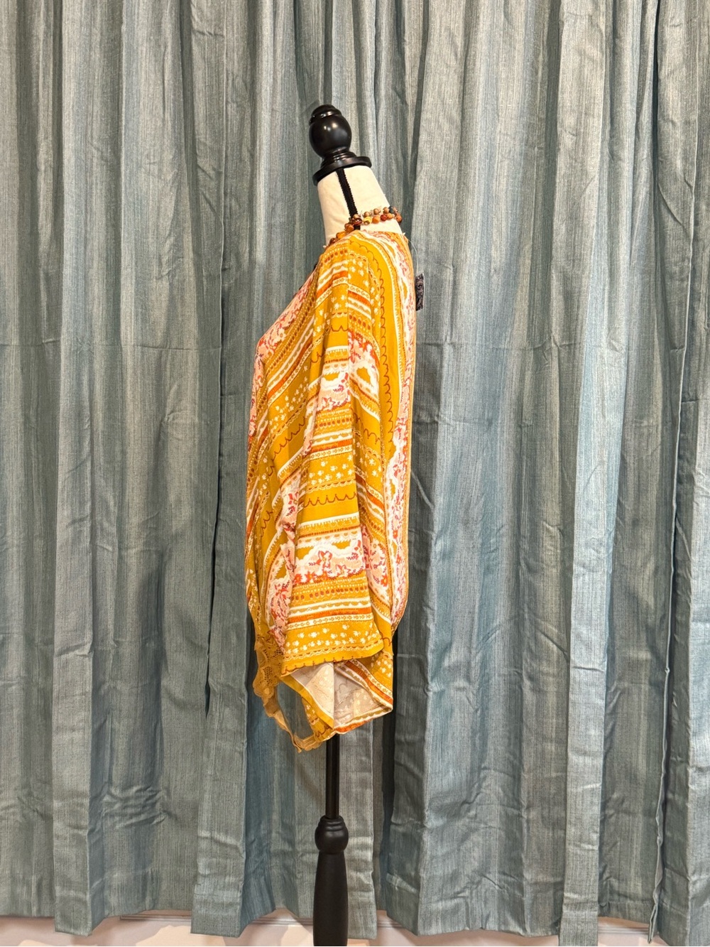 Free People Mustard Floral V-Neck Lace-Hem Tunic - Picture 3 of 6